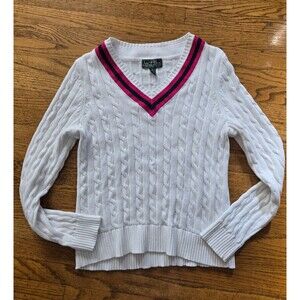 Lauren Ralph Lauren Active Womens XL V-Neck Cable Knit Tennis Sweater Preppy
